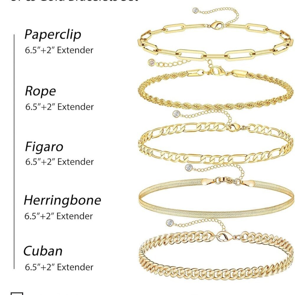 Gold Bracelets - Real 14K Women's Cute Tennis Cubic Beaded Link Paperclip Dainty - Picture 4 of 8